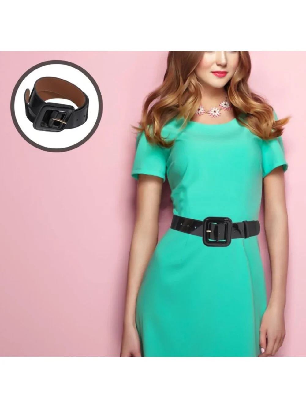 Vintage Black Patent Leather Wide High Waist Belt with Square Buckle for Dresses